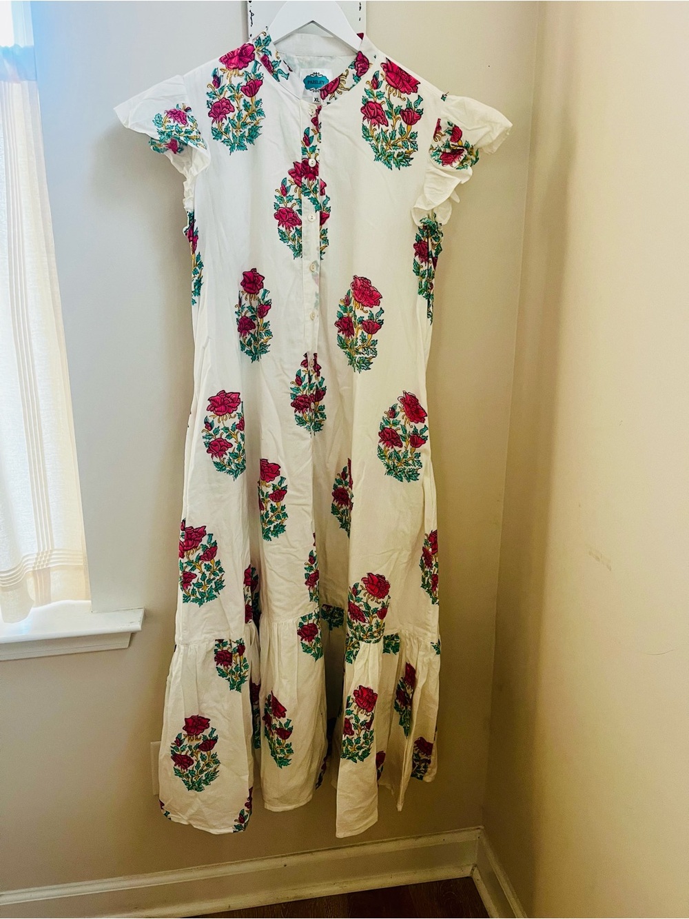 PAISLEY White Floral colorblock print dress with Pink Rose Print; Size XL